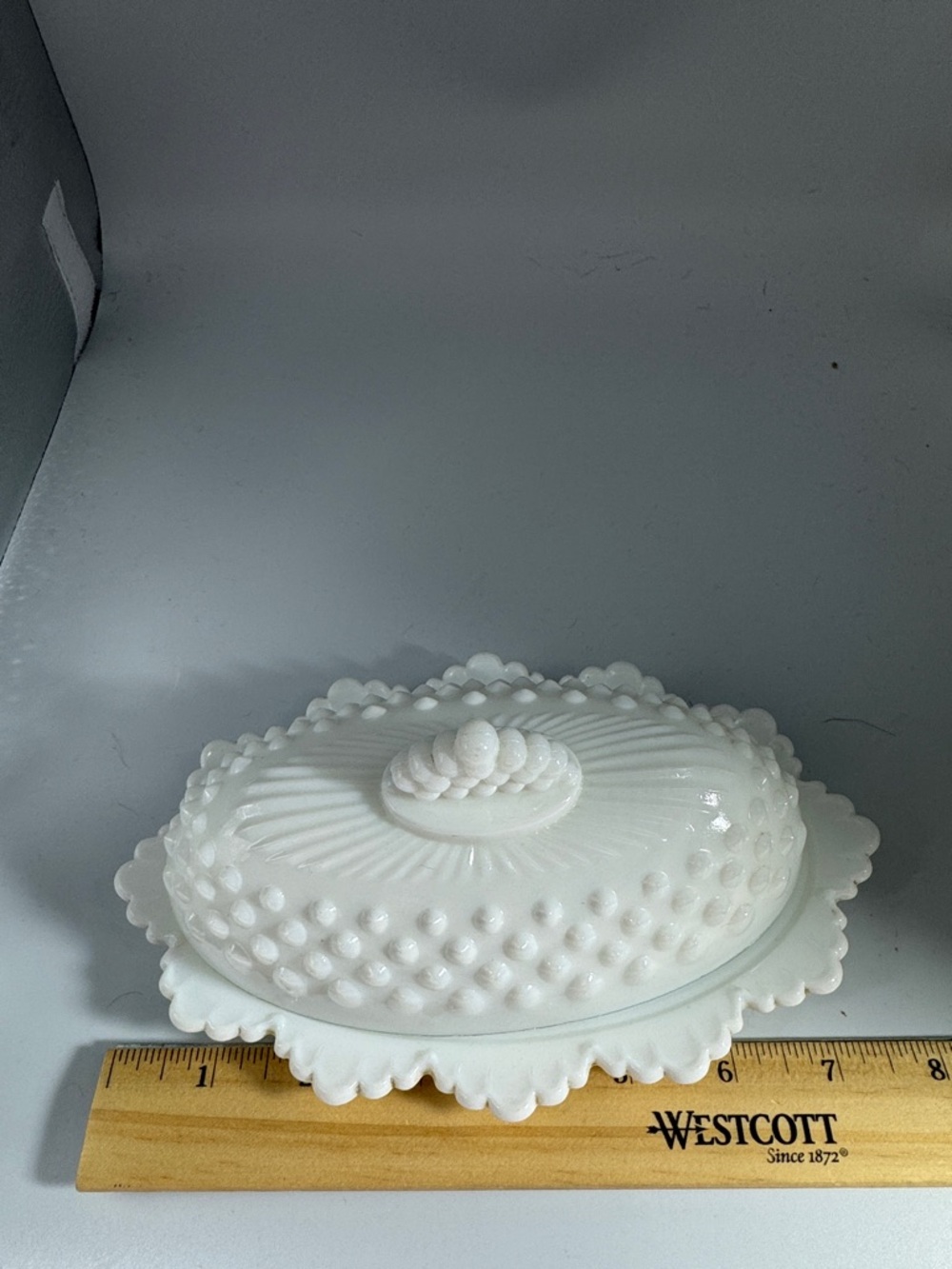 Fenton White Hobnail Covered Butter Dish with Scalloped Edge - Picture 7 of 7